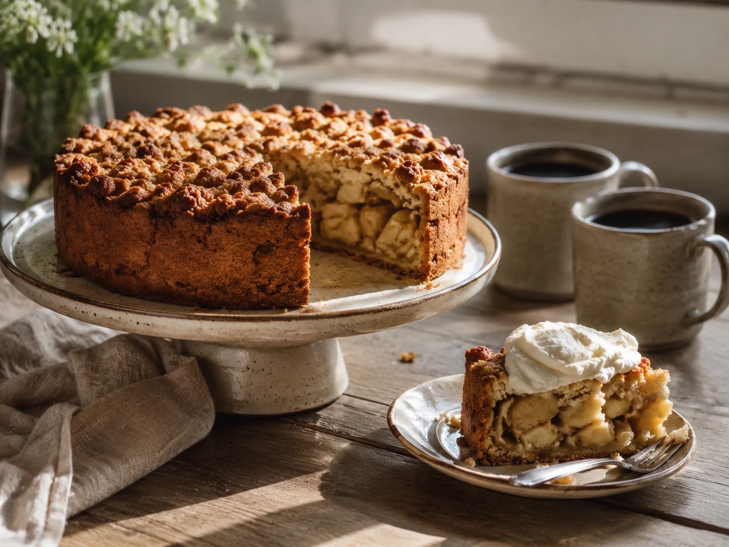 Ambachtelijke appeltaart met een aangesneden punt, slagroom en koffie