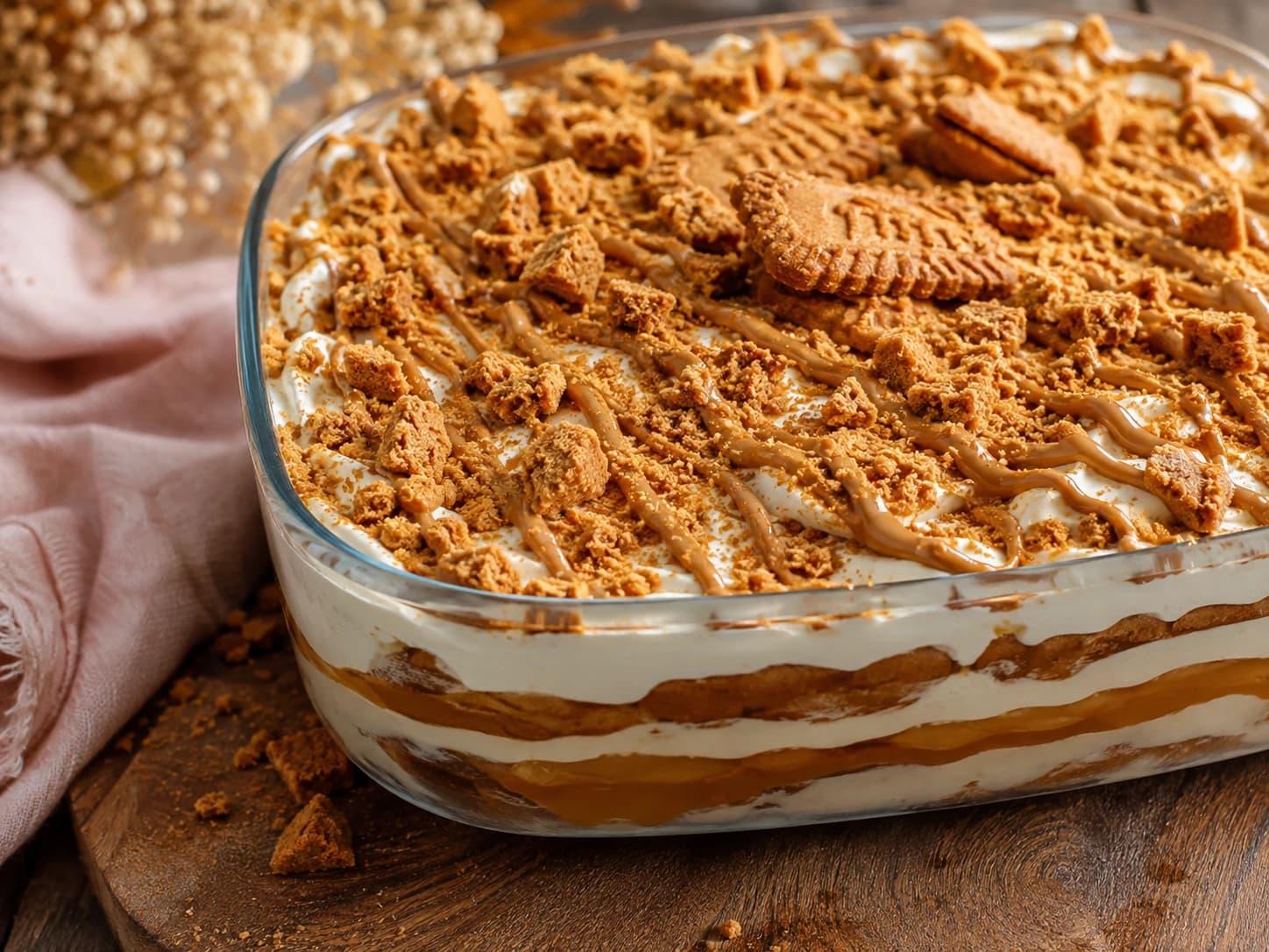 Romige Biscoff tiramisu in een schaal met verkruimelde speculoos erover