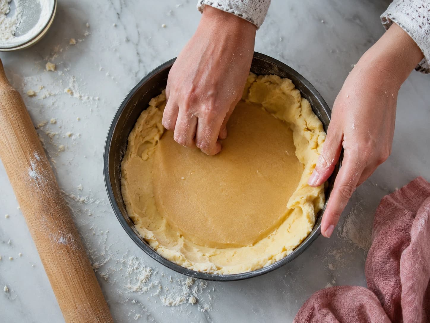 Boterkoek deeg vormen met amandelspijs laag