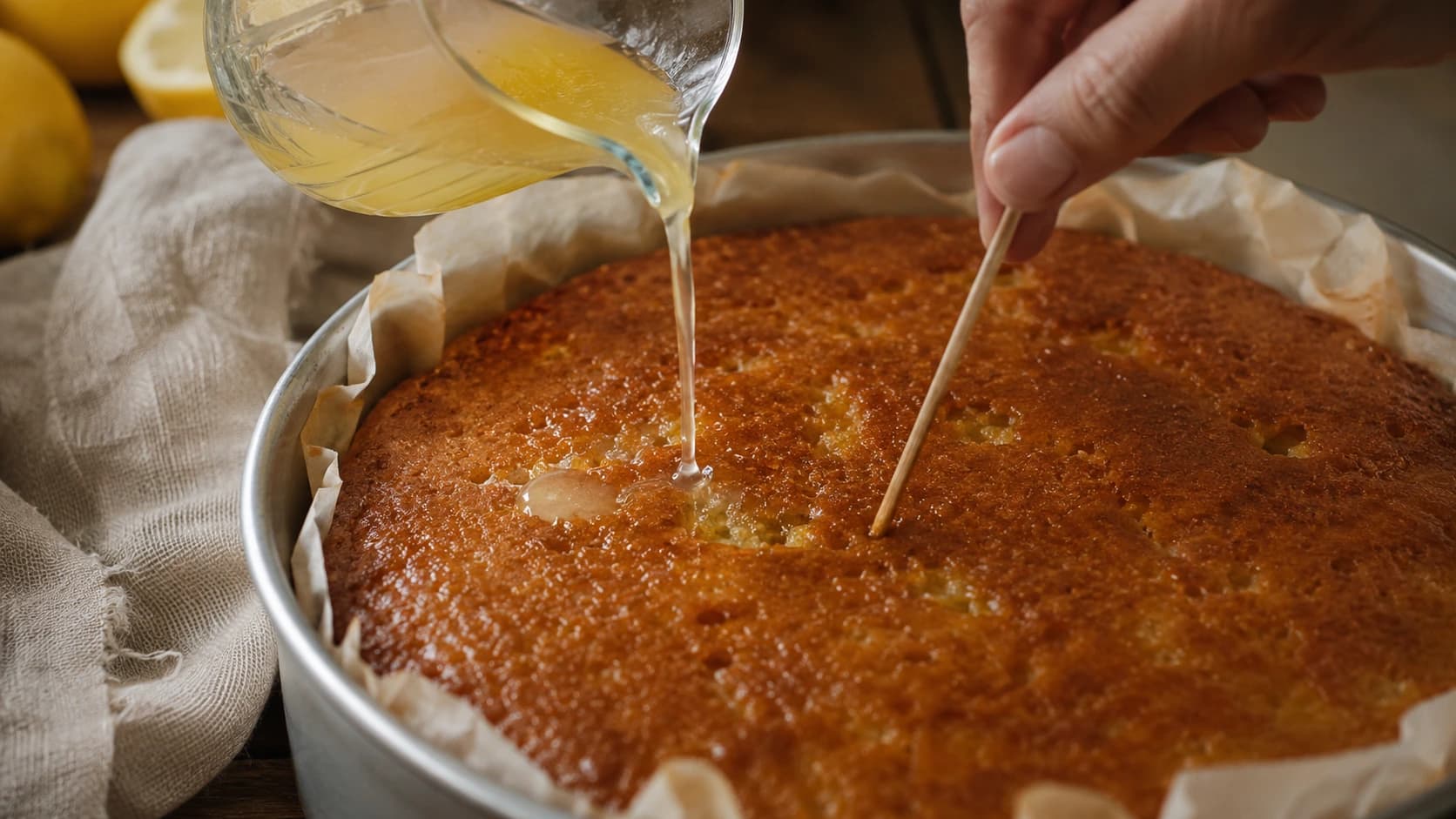 Citroensiroop over de warme cake gieten