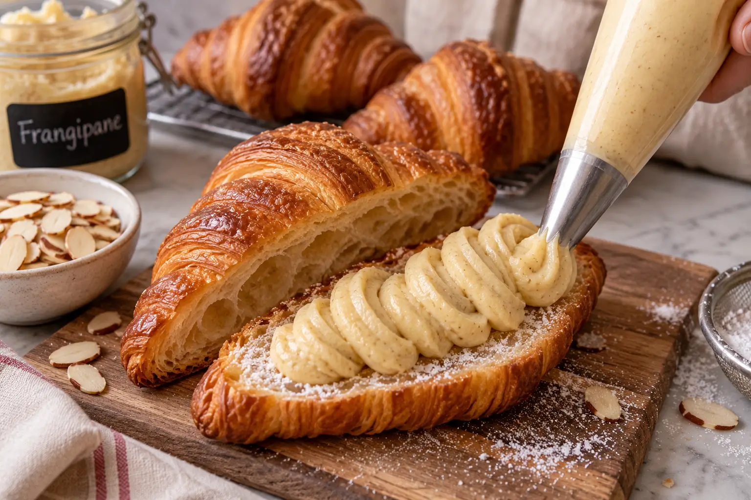 Oude opengesneden croissant waarbij stevige koude frangipane uit een spuitzak op het gesuikerde snijvlak wordt gespoten.