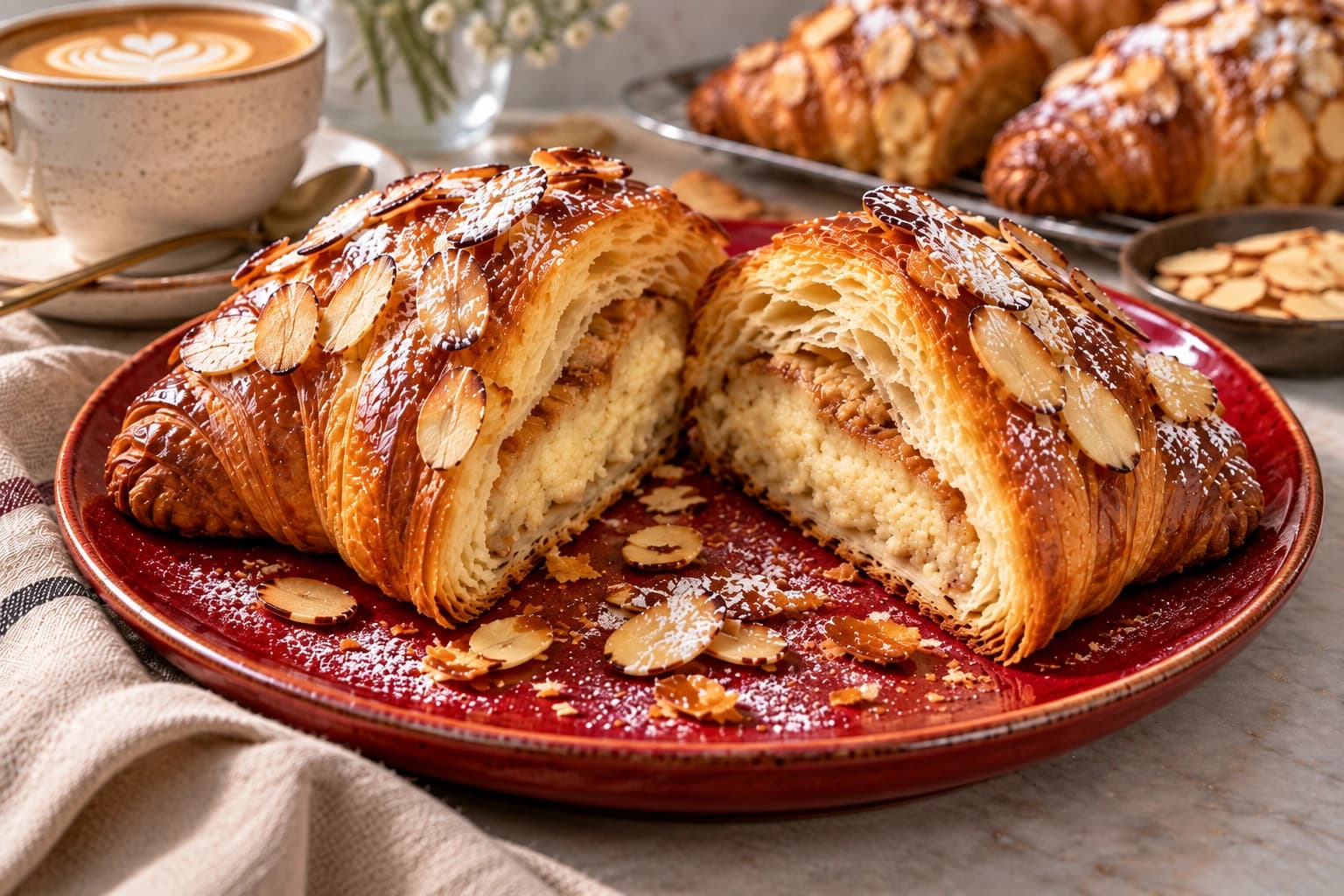 Doorgesneden warme gevulde croissant met een smeuïge gebakken amandelspijs vulling en knapperige bladerdeeg laagjes.