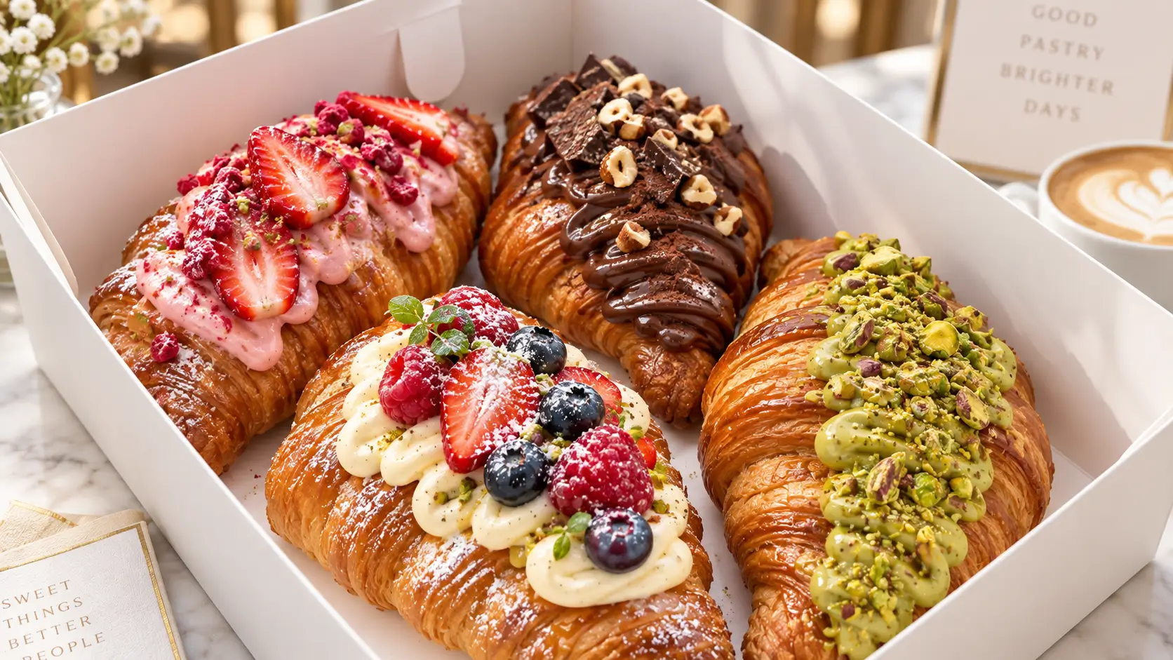 Vier goudbruin gebakken gevulde croissants met frangipane, geroosterd amandelschaafsel en poedersuiker op een bakplaat met bakpapier.