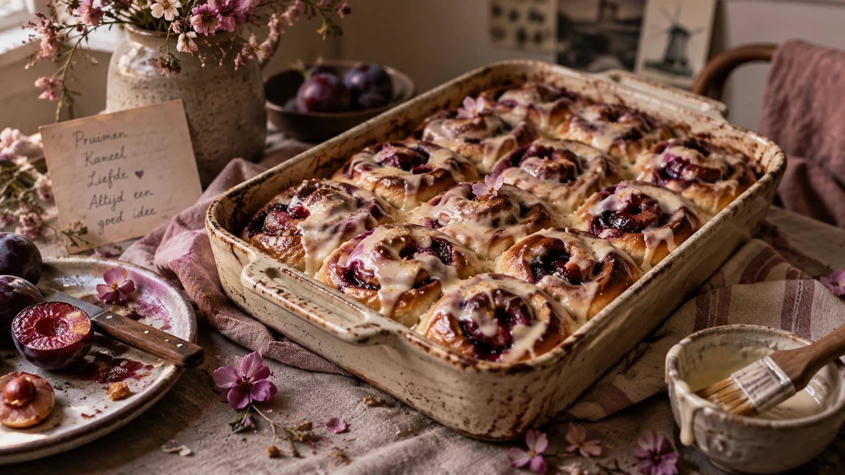 Vers gebakken goudbruine kaneelbroodjes met pruimencompote en roomkaasglazuur in een rechthoekige ovenschaal.