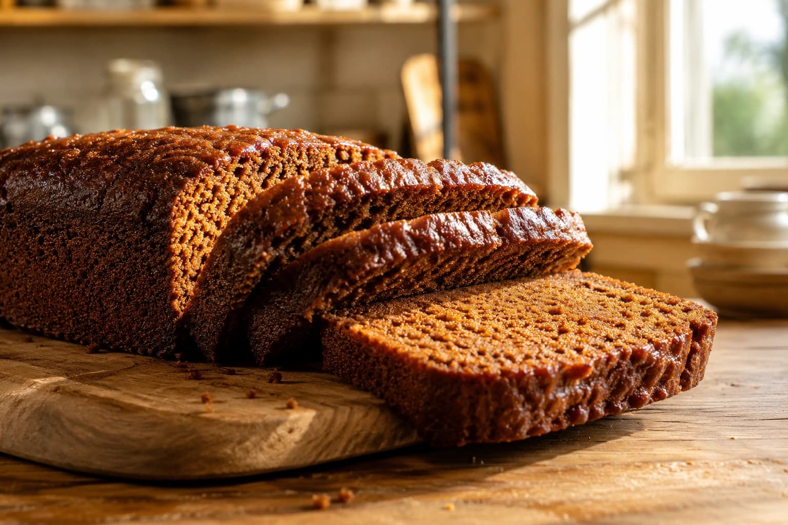 Zelfgemaakte ontbijtkoek op dag 2, in plakken gesneden met een laagje roomboter