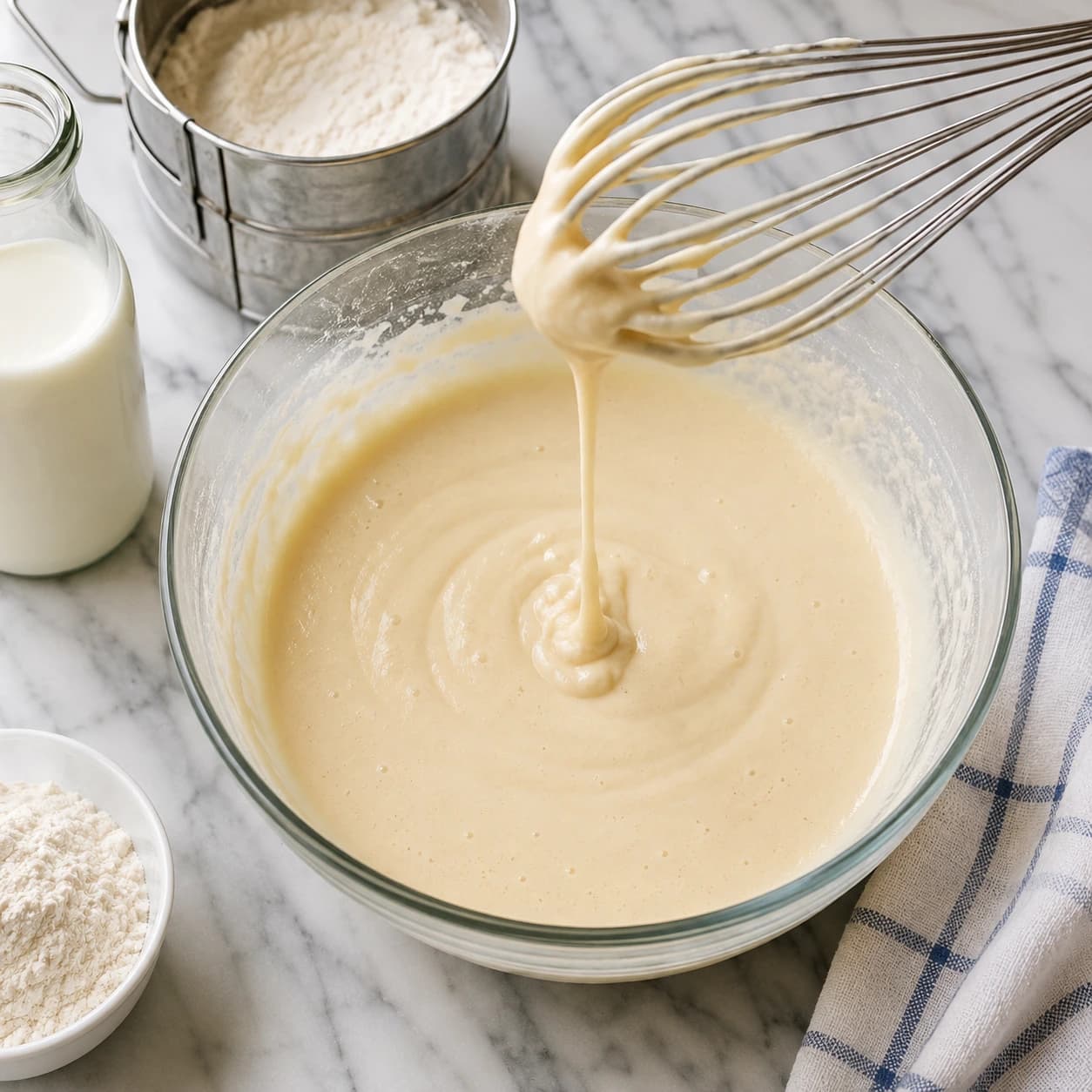 Pannenkoekenbeslag klontvrij maken in een kom