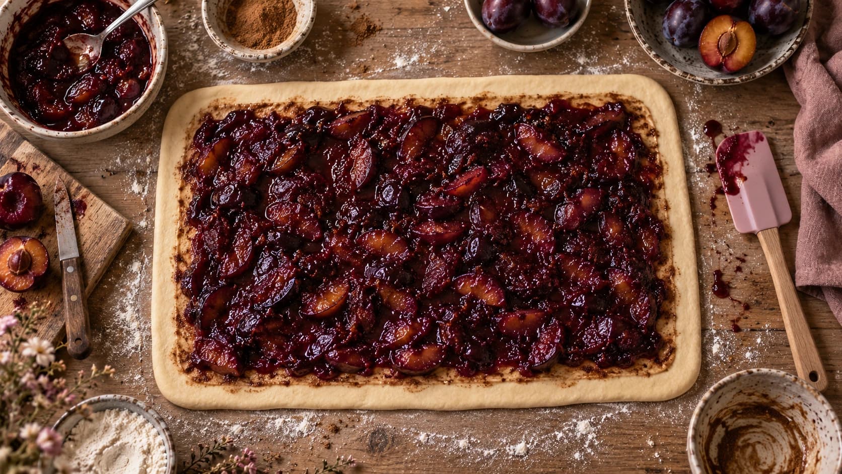 Uitgerold gistdeeg van 30x50 cm besmeerd met kaneelboter en dikke paarse pruimencompote met een vrije deegrand van 1,5 cm.