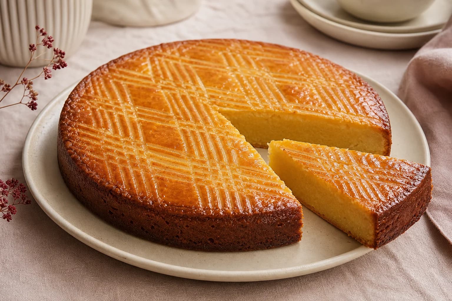 Smeuïge klassieke Hollandse boterkoek op een bordje