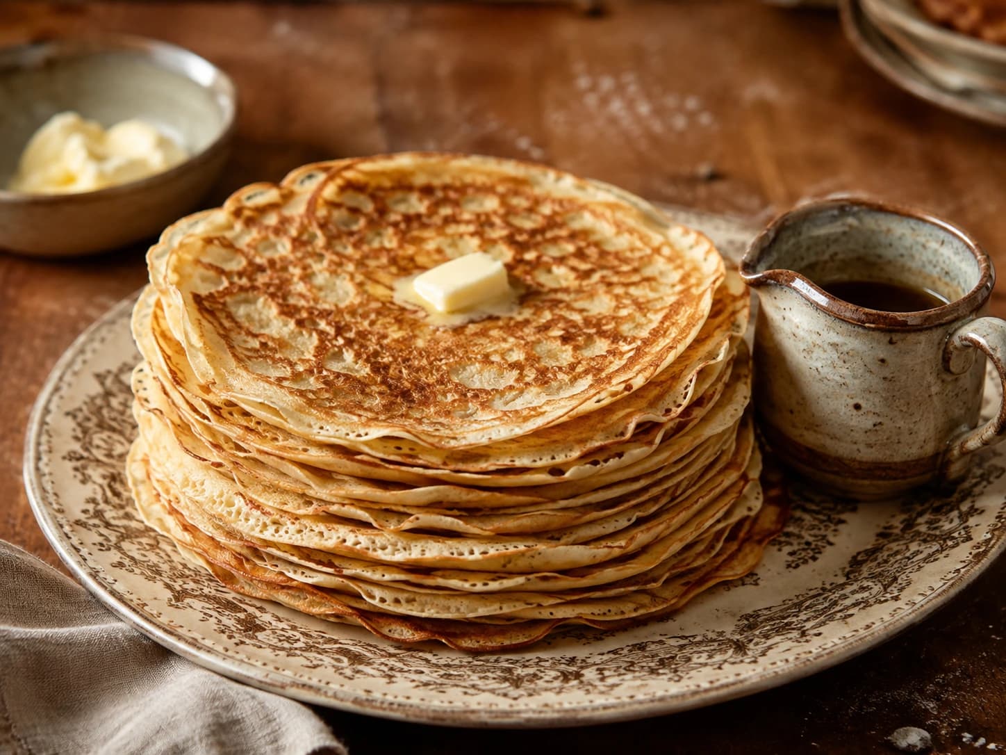 Stapel Hollandse pannenkoeken met stroop