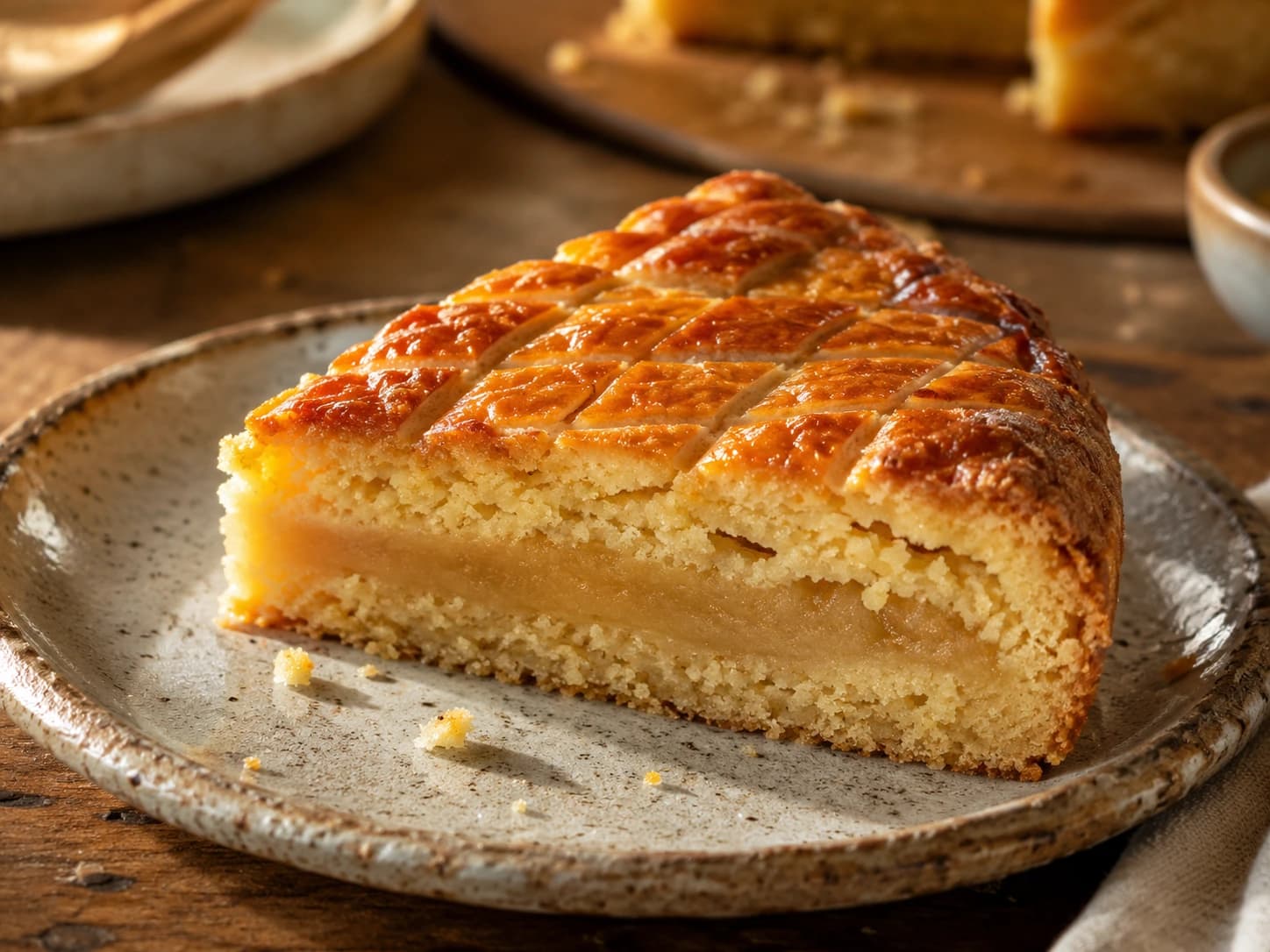 Traditionele boterkoek met amandelspijs, aangesneden met zichtbare spijslaag