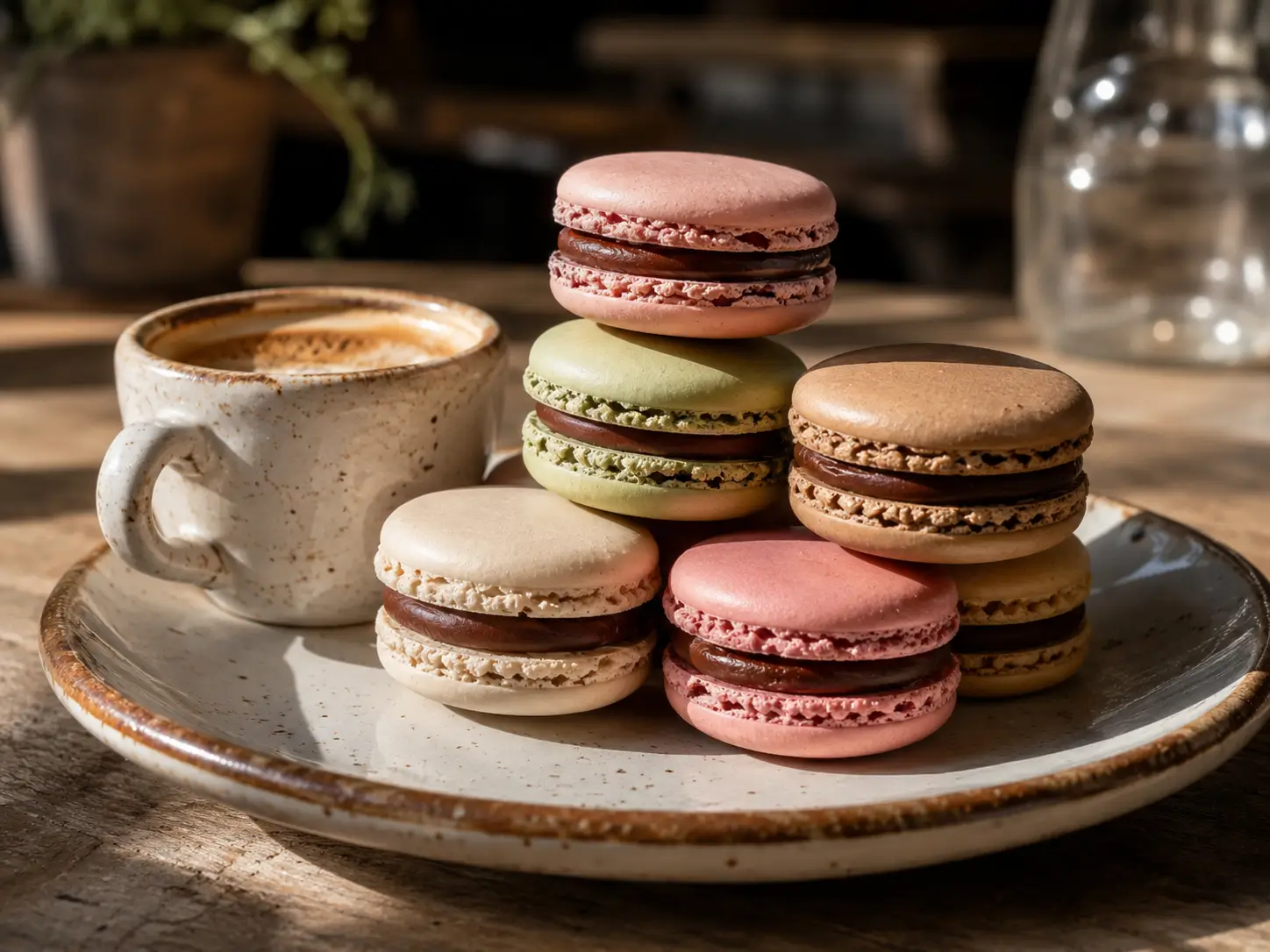 Gebakken macarons gevuld met chocolade ganache