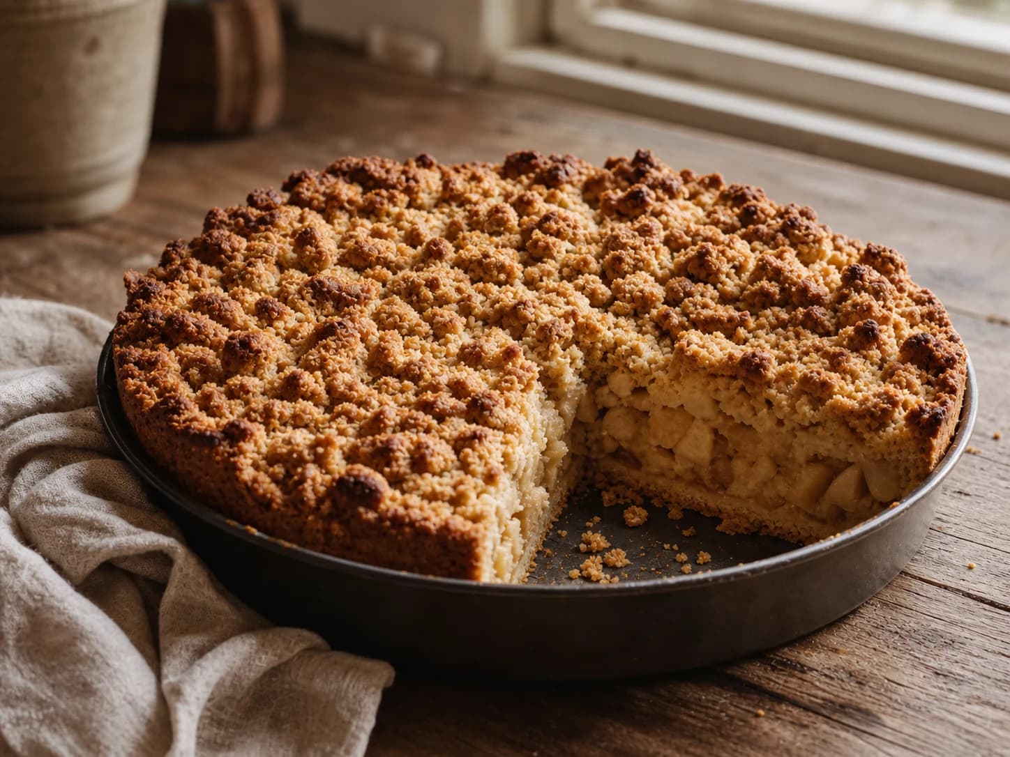 Klassieke Hollandse appelkruimeltaart met een goudbruine, onregelmatige kruimellaag