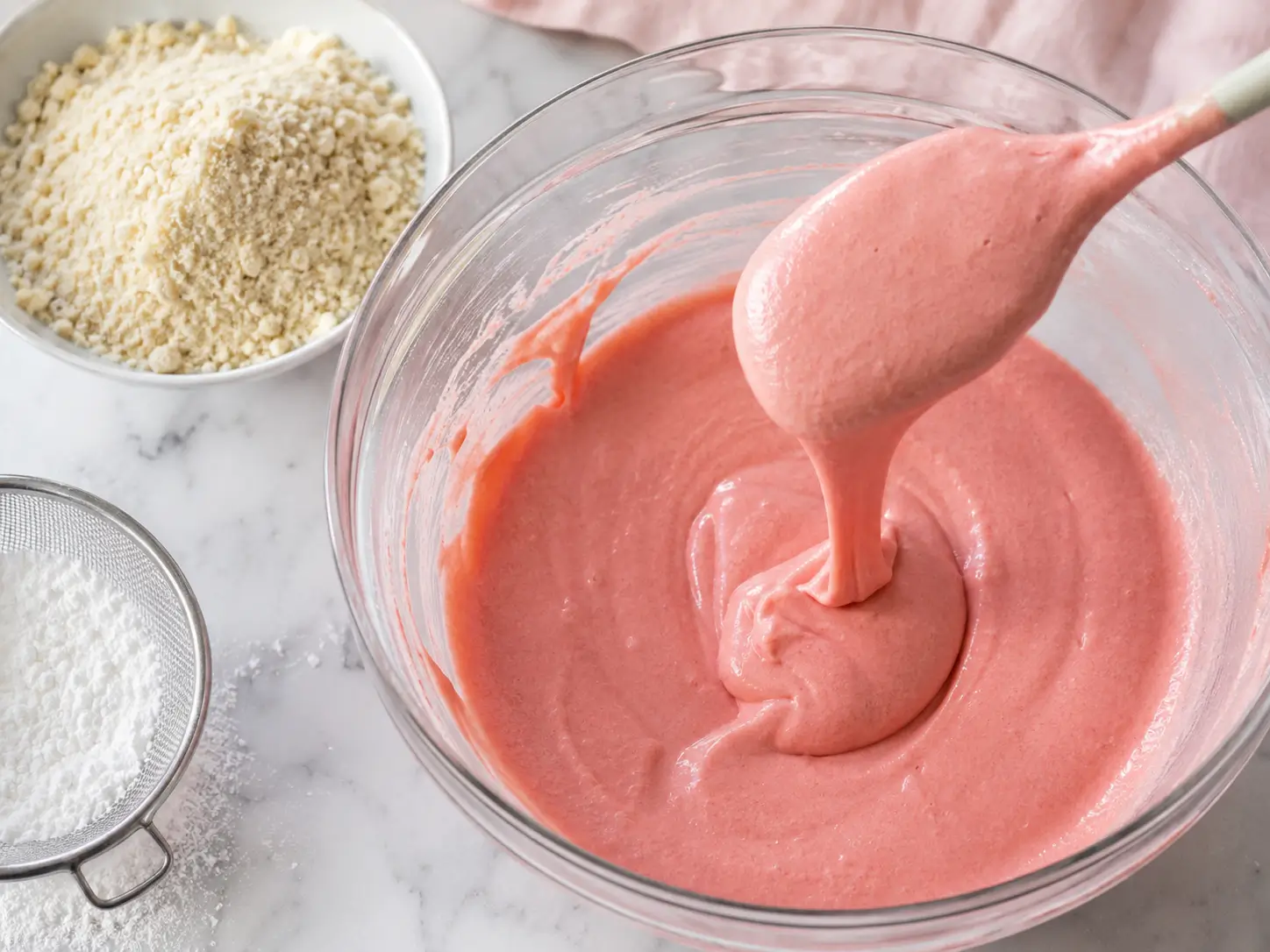 Macaronage beslag vloeit als een dik lint van de spatel