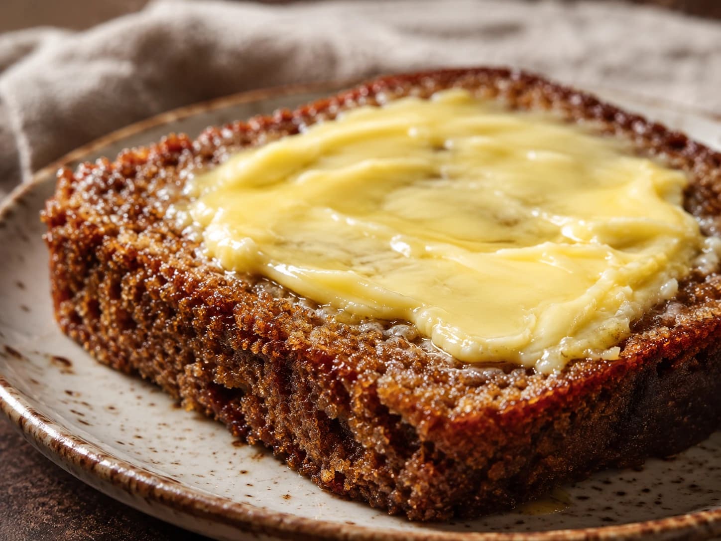 Een plakje verse ontbijtkoek dik besmeerd met roomboter